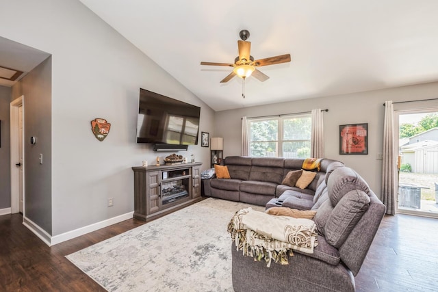 5705 Cobblestone Trl, Mchenry, IL 60050 - living area featuring healthy amount of natural light, dark wood finished floors, ceiling fan, and lofted ceiling