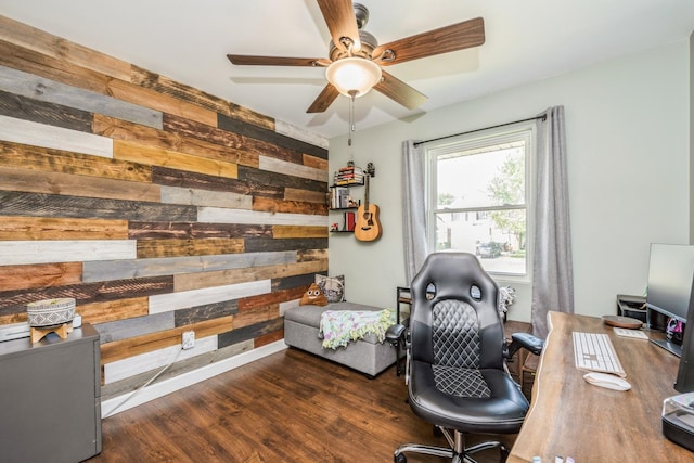 5705 Cobblestone Trl, Mchenry, IL 60050 - office area featuring wooden walls, ceiling fan, and wood finished floors