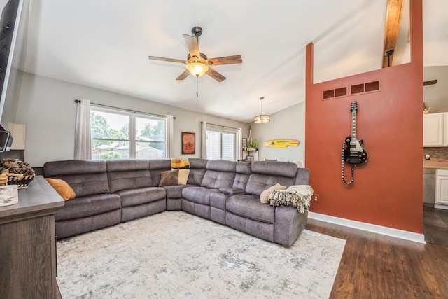 5705 Cobblestone Trl, Mchenry, IL 60050 - living room featuring a ceiling fan, dark wood finished floors, and lofted ceiling