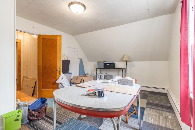 657 1st St, Crete, IL 60417 - office space featuring vaulted ceiling, carpet, and a baseboard heating unit