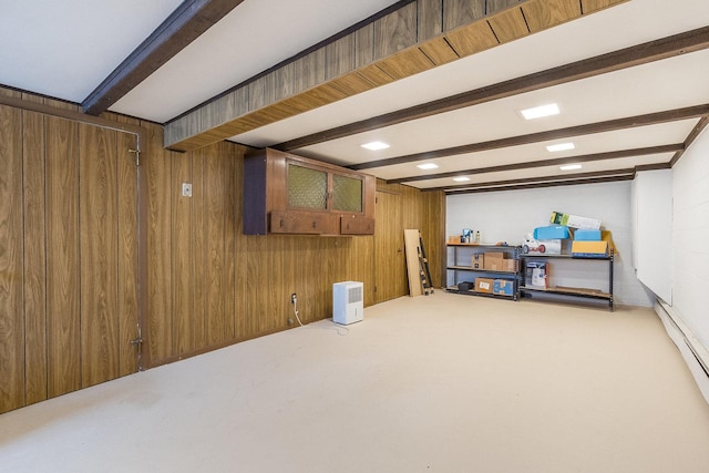 657 1st St, Crete, IL 60417 - finished basement with carpet flooring, wooden walls, and a baseboard heating unit