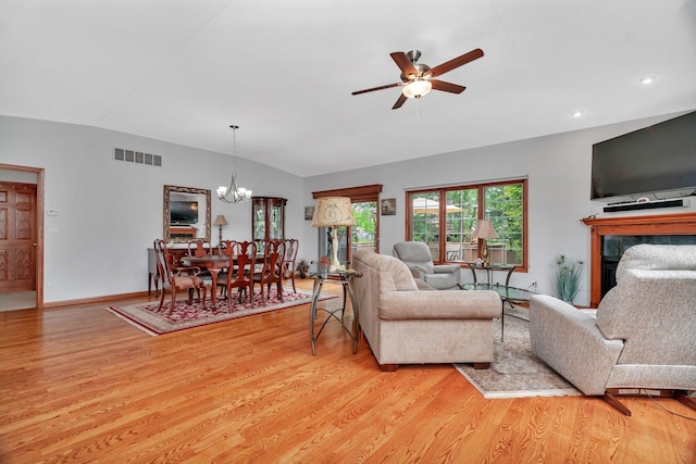 11186 188th Pl, Mokena, IL 60448 - living room with vaulted ceiling, light wood-style flooring, a chandelier, ceiling fan, and recessed lighting