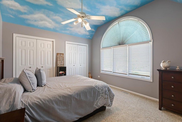 13907 W Big Run Ln, Homer Glen, IL 60491 - carpeted bedroom featuring multiple closets, ceiling fan, and lofted ceiling