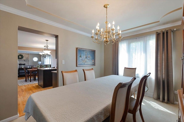 13907 W Big Run Ln, Homer Glen, IL 60491 - dining area with a chandelier, ornamental molding, light colored carpet, and a tray ceiling