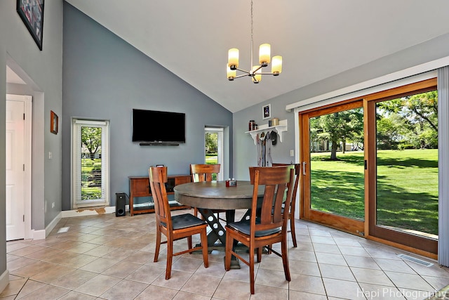 1504 N Denali Trl, Mchenry, IL 60050 - dining room featuring high vaulted ceiling, a chandelier, and light tile patterned floors