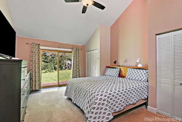 1504 N Denali Trl, Mchenry, IL 60050 - bedroom with light carpet, multiple closets, access to exterior, ceiling fan, and high vaulted ceiling