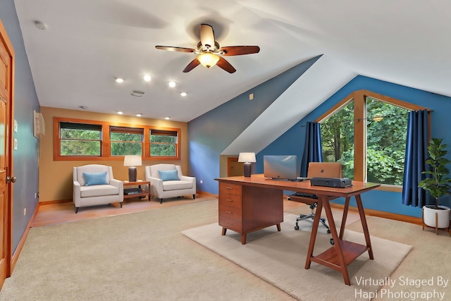 1504 N Denali Trl, Mchenry, IL 60050 - office space featuring light colored carpet, ceiling fan, plenty of natural light, and lofted ceiling