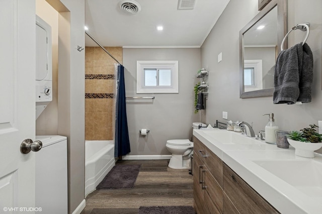 14928 Millard Ave, Midlothian, IL 60445 - full bathroom with double vanity, wood finished floors, ornamental molding, and shower / bath combo with shower curtain