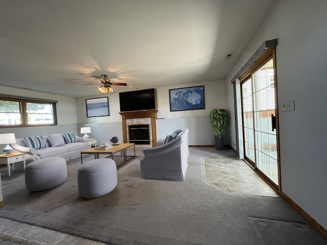 1905 E Grand Ave, Lindenhurst, IL 60046 - living room featuring carpet, ceiling fan, and a high end fireplace