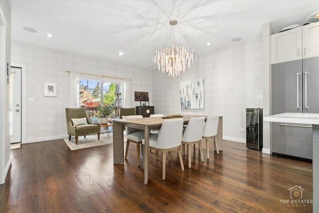 3800 N Christiana Ave, Chicago, IL 60618 - dining space with wallpapered walls, dark wood-type flooring, a chandelier, and recessed lighting