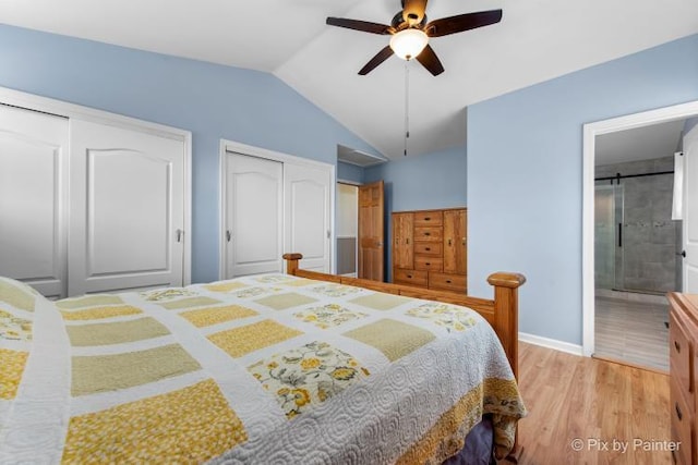 987 Split Rail Dr, Carol Stream, IL 60188 - bedroom with multiple closets, lofted ceiling, light wood-style floors, connected bathroom, and ceiling fan