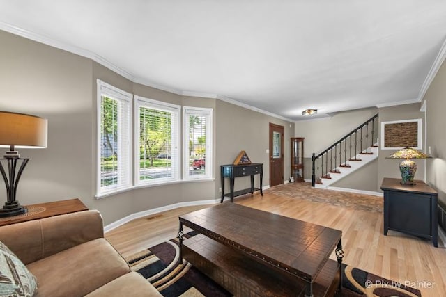 987 Split Rail Dr, Carol Stream, IL 60188 - living area with light wood-style floors, stairs, and crown molding