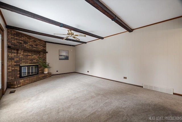 1054 Maple Ln, Batavia, IL 60510 - unfurnished living room with beam ceiling, ceiling fan, carpet, and a fireplace