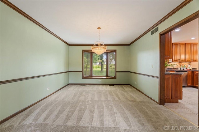 1054 Maple Ln, Batavia, IL 60510 - unfurnished dining area with a chandelier, light carpet, and crown molding