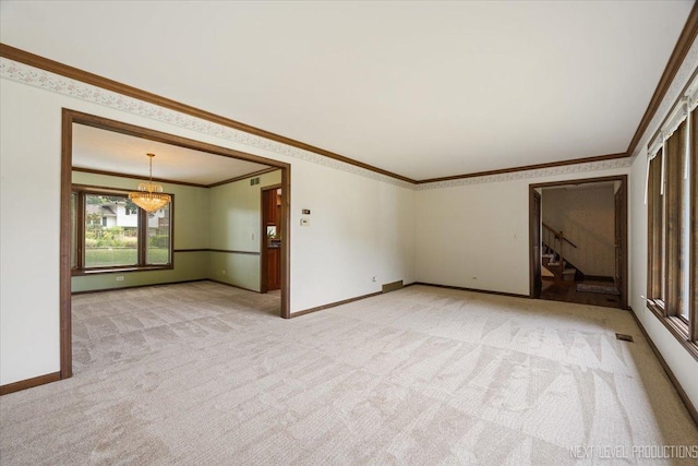 1054 Maple Ln, Batavia, IL 60510 - unfurnished room featuring stairs, ornamental molding, light colored carpet, and a chandelier