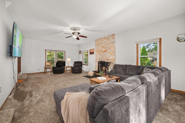 15181 Willow Run Dr, Dekalb, IL 60115 - living area with carpet flooring, a fireplace, and ceiling fan