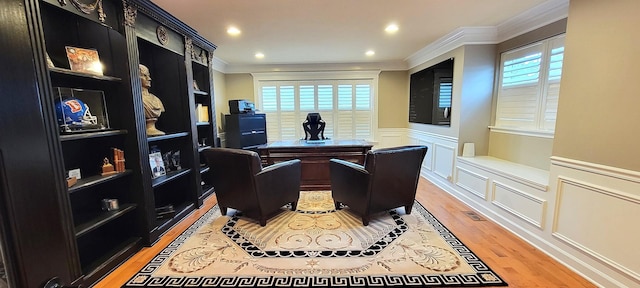 3004 Wayland Ave, Elgin, IL 60124 - office space with crown molding, a decorative wall, light wood-type flooring, healthy amount of natural light, and wainscoting