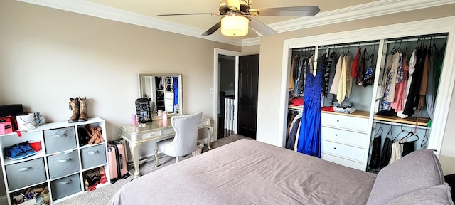 3004 Wayland Ave, Elgin, IL 60124 - carpeted bedroom with crown molding, a closet, and ceiling fan