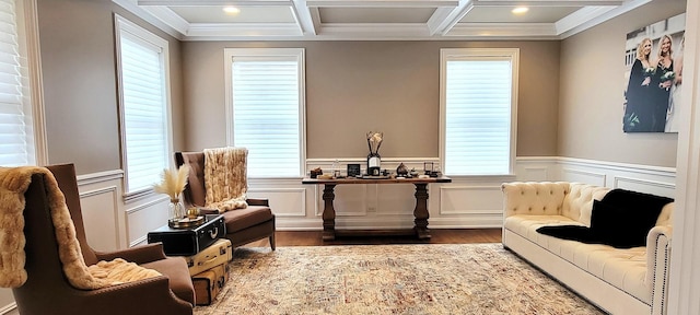 3004 Wayland Ave, Elgin, IL 60124 - sitting room with wood finished floors, coffered ceiling, healthy amount of natural light, recessed lighting, and beam ceiling