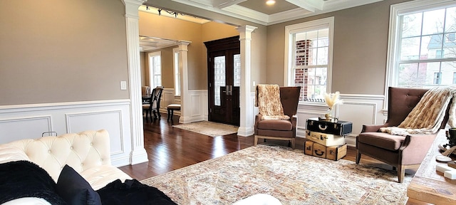 3004 Wayland Ave, Elgin, IL 60124 - sitting room with decorative columns, healthy amount of natural light, ornamental molding, a decorative wall, and beam ceiling