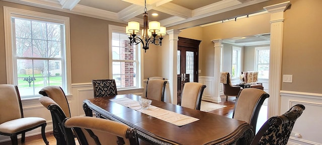 3004 Wayland Ave, Elgin, IL 60124 - dining room with decorative columns, a decorative wall, beam ceiling, coffered ceiling, and plenty of natural light