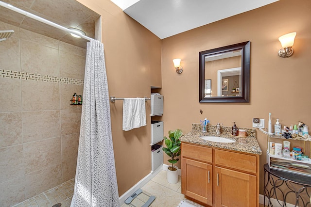 4825 N Karlov Ave, Chicago, IL 60630 - bathroom with tiled shower, vanity, and tile patterned flooring