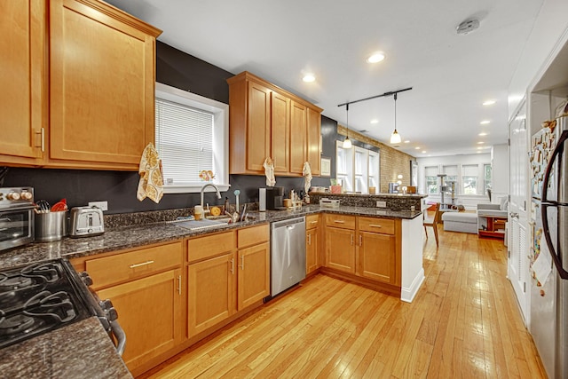 4825 N Karlov Ave, Chicago, IL 60630 - kitchen featuring appliances with stainless steel finishes, a peninsula, light wood-style flooring, open floor plan, and recessed lighting