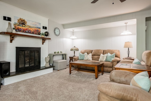 9S339 Cumnor Rd, Downers Grove, IL 60516 - carpeted living room featuring a ceiling fan and a brick fireplace