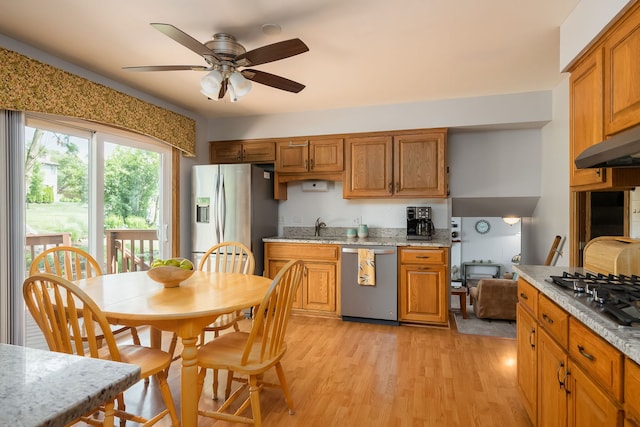 9S339 Cumnor Rd, Downers Grove, IL 60516 - kitchen with appliances with stainless steel finishes, a ceiling fan, brown cabinets, and light wood-type flooring