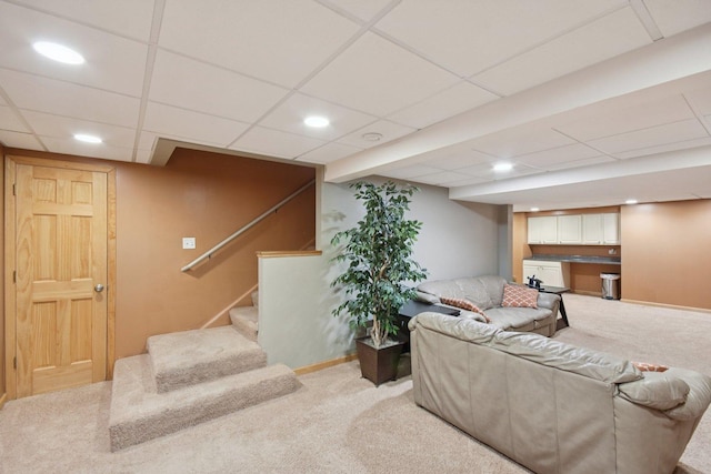 2590 Hennig Rd, Hampshire, IL 60140 - living area featuring light carpet, a drop ceiling, stairway, and recessed lighting