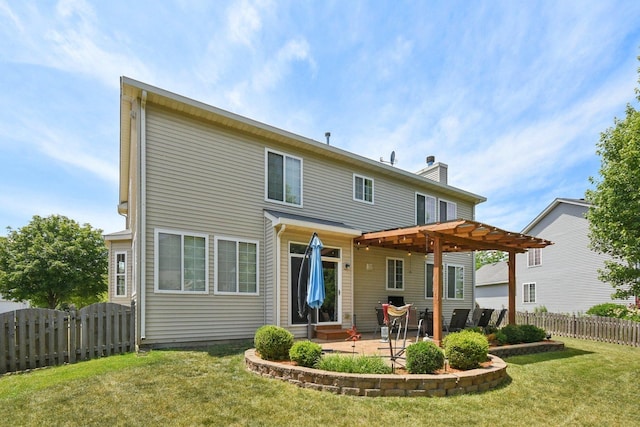 2590 Hennig Rd, Hampshire, IL 60140 - back of house with a chimney, a pergola, a patio area, and a fenced backyard