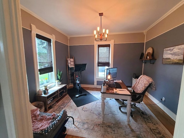 313 S 4th St, Oregon, IL 61061 - office space featuring wood finished floors, a chandelier, and ornamental molding
