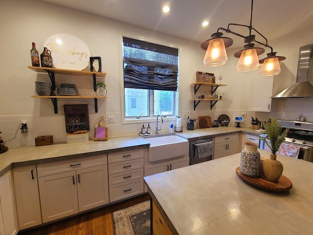 313 S 4th St, Oregon, IL 61061 - kitchen with wall chimney exhaust hood, open shelves, stainless steel stove, dishwashing machine, and backsplash