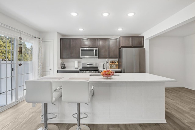 1917 Turtle Creek Ct, Aurora, IL 60503 - kitchen with stainless steel appliances, dark brown cabinetry, light countertops, recessed lighting, and light wood-type flooring