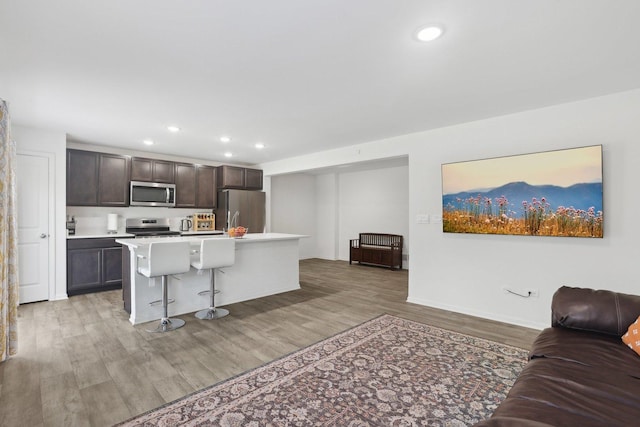 1917 Turtle Creek Ct, Aurora, IL 60503 - kitchen featuring appliances with stainless steel finishes, open floor plan, dark brown cabinetry, light wood finished floors, and a breakfast bar