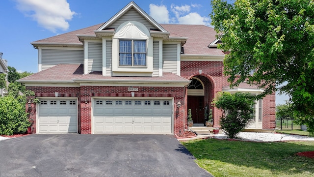26200 W Chatham Dr, Plainfield, IL 60585 - view of front of property with driveway, brick siding, an attached garage, a front yard, and roof with shingles