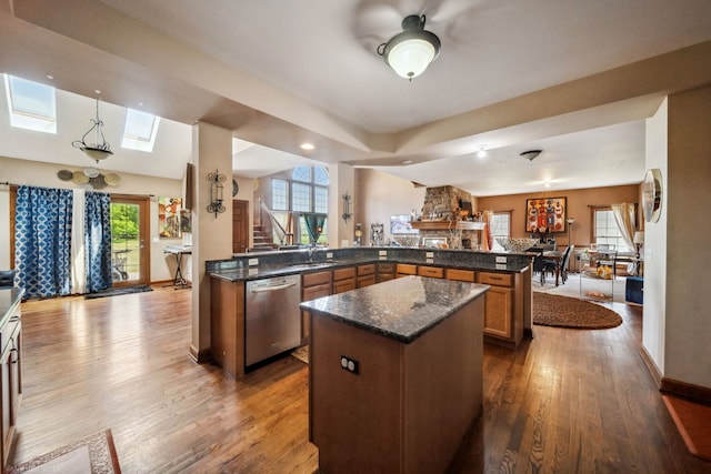 26200 W Chatham Dr, Plainfield, IL 60585 - kitchen featuring stainless steel dishwasher, open floor plan, dark wood-type flooring, a center island, and recessed lighting
