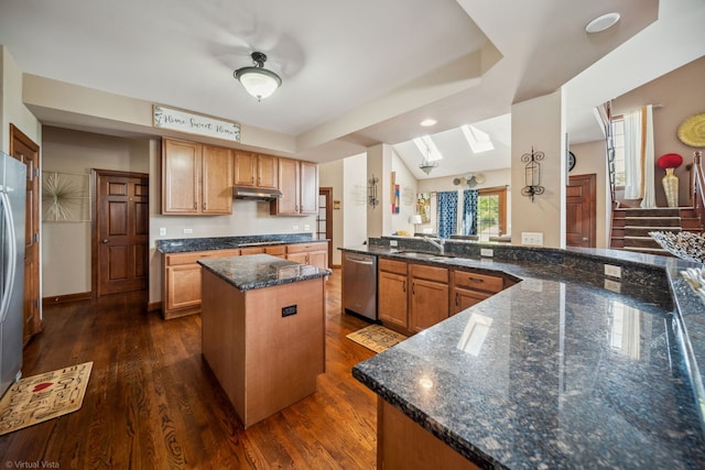 26200 W Chatham Dr, Plainfield, IL 60585 - kitchen featuring stainless steel appliances, a skylight, under cabinet range hood, dark wood-style flooring, and a kitchen island
