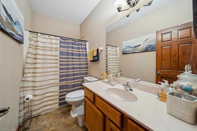 26200 W Chatham Dr, Plainfield, IL 60585 - bathroom with stone finish floors, vanity, and a shower with curtain