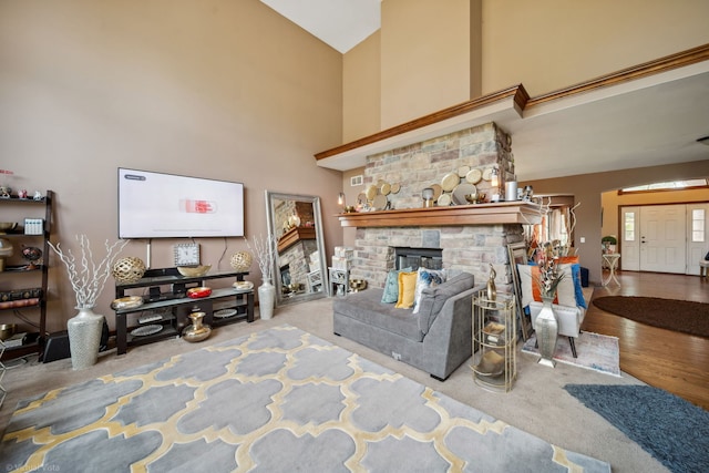 26200 W Chatham Dr, Plainfield, IL 60585 - living room featuring a fireplace, high vaulted ceiling, and wood finished floors