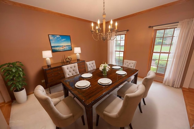 14803 S Hawthorn Cir, Plainfield, IL 60544 - dining room featuring a chandelier, ornamental molding, and light carpet