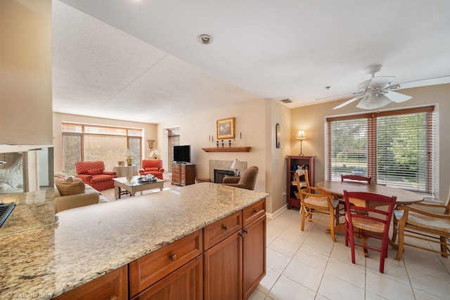 865 E 22nd St Unit 214, Lombard, IL 60148 - kitchen with plenty of natural light, light tile patterned floors, brown cabinets, and a fireplace