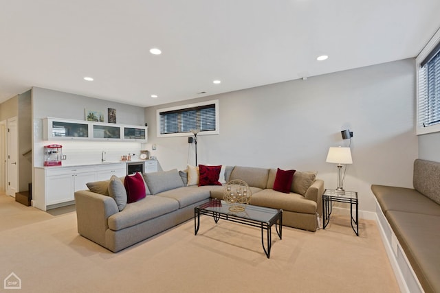 1807 W Ohio St, Chicago, IL 60622 - living area with bar with sink, light carpet, recessed lighting, and wine cooler