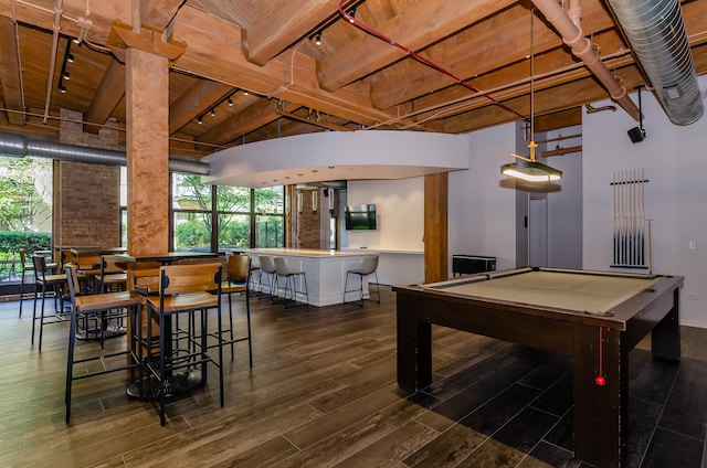1040 W Adams St Unit 257, Chicago, IL 60607 - rec room featuring rail lighting, a wooden ceiling with exposed beams, wood finished floors, and pool table