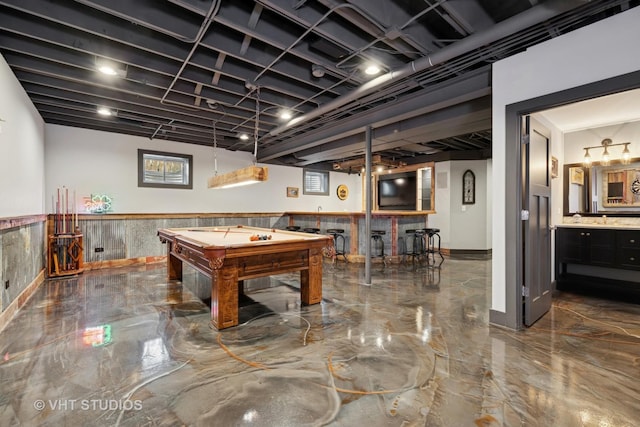 605 Red Cypress Dr, Cary, IL 60013 - game room with marble tiled floors, billiards table, a wainscoted wall, and bar area
