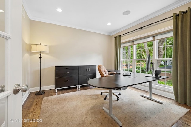 605 Red Cypress Dr, Cary, IL 60013 - home office featuring ornamental molding, wood finished floors, and recessed lighting