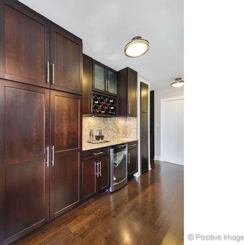 1550 N Lake Shore Dr Unit 3G, Chicago, IL 60610 - indoor dry bar featuring beverage cooler, tasteful backsplash, and dark wood finished floors