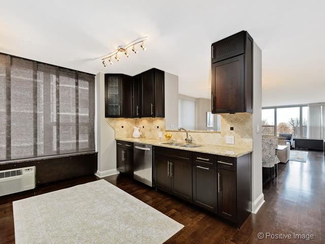 1550 N Lake Shore Dr Unit 3G, Chicago, IL 60610 - kitchen featuring dishwasher, dark wood-style flooring, decorative backsplash, dark brown cabinetry, and a wall mounted AC