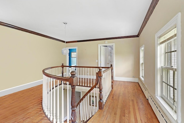 29460 Roberts Rd, Mchenry, IL 60051 - hall featuring an upstairs landing, a baseboard heating unit, a baseboard radiator, light wood-style flooring, and crown molding