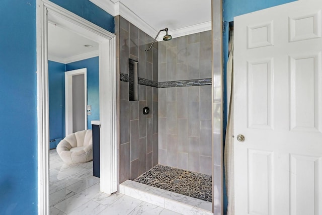 29460 Roberts Rd, Mchenry, IL 60051 - bathroom featuring crown molding, tiled shower, and marble look tile flooring